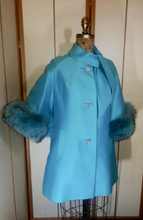 Load image into Gallery viewer, 60s Mod Lilli Ann Cape Flare Bell Sleeve Turquoise Dyed Blue Aqua Norwegian Fox Fur Rhinestone Short Dress Coat Made Men Jackie Kennedy