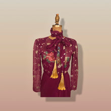 Load image into Gallery viewer, 70’s 80’s Vintage Bergundy Purple Chiffon High Low Floral Dress Tassle Extra Belt