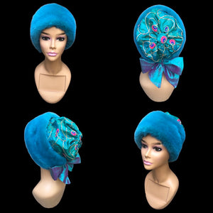 Himalayan Mink and Silk Hat in Turquoise Peacock “Blue Nile” with Embroidered Silk Gift for Her