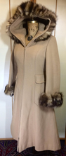 Load image into Gallery viewer, 60s 70s Hooded Camel Coat with fox Fur Tiger Striped S Princess Fit and Flare Boho Mod hIPPY Russian Princess Penny Lane Almost Famous