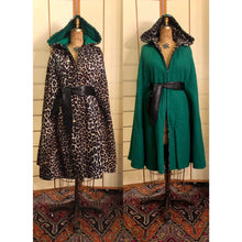 Load image into Gallery viewer, Vintage 70s Reversible Cape Green/Leopard Print Thick Wool Long Hooded Boho Renaissance Hippy Burning Man Unisex One Size Fits All