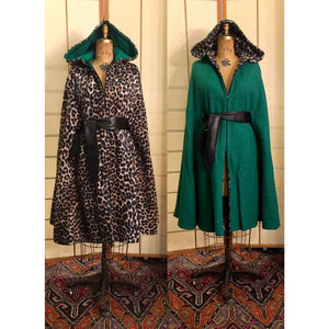 Vintage 70s Reversible Cape Green/Leopard Print Thick Wool Long Hooded Boho Renaissance Hippy Burning Man Unisex One Size Fits All