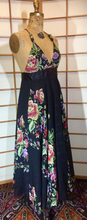 Load image into Gallery viewer, 70s Maxi Dress Floral Spring Full Length Dress Full Skirt Black Low Cut