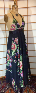 70s Maxi Dress Floral Spring Full Length Dress Full Skirt Black Low Cut