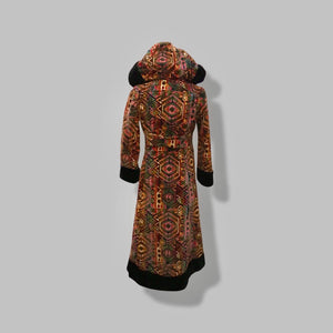 60’s 70’s Vintage Carpet Coat Needlepoint Hooded Sherpa Trim Fit and Flare