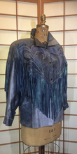 Load image into Gallery viewer, 1980S 90s Fringe Leather Jacket Coat Cowgirl Iridescent Southwestern Swarovski Crystal Mermaid Colors Made in Paris France L-XL