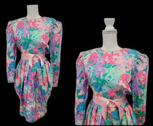 Load image into Gallery viewer, Floral 80’s Dress Silk Pink Blue  Puff Sleeve Pastel Ruched