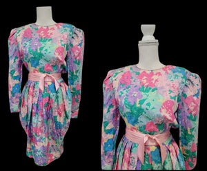 Floral 80’s Dress Silk Pink Blue  Puff Sleeve Pastel Ruched