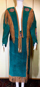 Beaded Suede Jacket and Skirt Western Navajo Fringe Set Turquoise Leather Long Cowgirl Native American