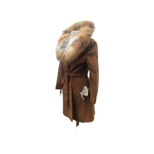 Load image into Gallery viewer, Deadstock Suede and Red Fox Fur Coat 70’s Fit Flare Wrap Style Rust Orangey Brown Color
