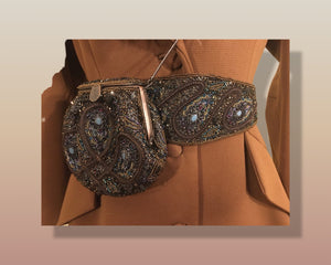 60’s Caramel Lilli Ann Shearling Fit and Flare Princess Coat with Belt Clutch Purse Set Beaded