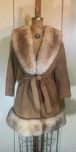 Load image into Gallery viewer, 70s Suede Sheepskin Shearling Tan Penny Lane Coat Princess Fit and Flare Almost Famous Small Medium Boho Hippy Bohemian