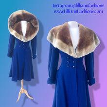 Load image into Gallery viewer, 40’s Vintage Cobalt Blue Fit Flare “New Look” Princess Full Skirt Coat with Massive Shearling Mouton Ombré Collar