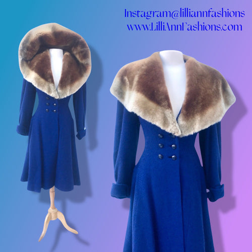 40’s Vintage Cobalt Blue Fit Flare “New Look” Princess Full Skirt Coat with Massive Shearling Mouton Ombré Collar