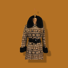 Load image into Gallery viewer, 60’s 70’s Tapestry Carpet Coat Hippy Russian Princess Natural Colors Gold Beige Coffee Tone with Shearling Trim Boho Chic Penny Lane