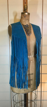 Load image into Gallery viewer, Vintage Suede Fringe Vest- Teal Turquoise Mid Length 70s Hippy Bohemian Hipster Chic Shabby Chic S/M Cow Girl Native American Cow Boy