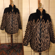 Load image into Gallery viewer, Vintage Women Men Unisex 80s Reversible Mink Chevron Black Leather Bomber Coat Jacket Glam Wear Two Ways Versatility