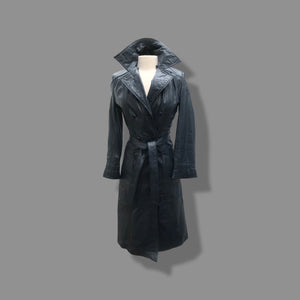 70’s Spy Trench Leather Coat with Removable Shearling Collar Dark Blue