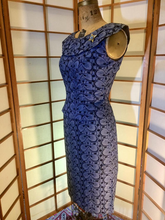 Load image into Gallery viewer, 50s 60s Blue Cotton Authentic Wiggle Dress One Piece Vintage Lace Design With Brooch