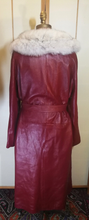 Load image into Gallery viewer, 70s Deep Red Leather Trench Coat with Fox Fur Collar Spy Rain Coat L/XL Hippy Boho