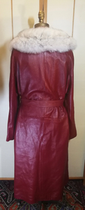 70s Deep Red Leather Trench Coat with Fox Fur Collar Spy Rain Coat L/XL Hippy Boho