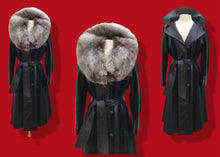 Load image into Gallery viewer, 70’s Spy Trench Black Leather with Suede inlay Fox fur Removable Collar