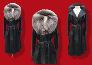 70’s Spy Trench Black Leather with Suede inlay Fox fur Removable Collar