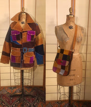 Load image into Gallery viewer, Women's Vintage 70s Patchwork Suede Belted Leather Coat Purse Set Purple Blue Brown Yellow Plus Size Boho