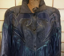 Load image into Gallery viewer, 1980S 90s Fringe Leather Jacket Coat Cowgirl Iridescent Southwestern Swarovski Crystal Mermaid Colors Made in Paris France L-XL