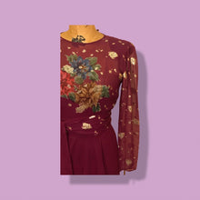 Load image into Gallery viewer, 70’s 80’s Vintage Bergundy Purple Chiffon High Low Floral Dress Tassle Extra Belt