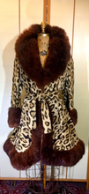 Load image into Gallery viewer, 50s Pin-up Faux Leopard Coat--Real Luscious Fur Trimmed Fit and Full Flare 1960s Winter Coat Small/Medium Russian Princess