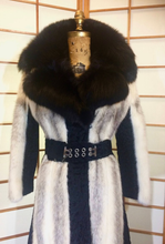 Load image into Gallery viewer, Russian Princess Piano Key Coat! Cross Mink, Fox, and Swakara Astrakhan Lamb Black and White Piano Keys Belted Mod Fur Coat Penny Lane S/M