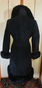 Black Suede 70s Shearling Leather Penny Lane Coat Almost Famous S/M Mid Length Boho Goth Hippy Princess