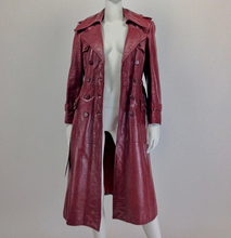 Load image into Gallery viewer, 70s Leather Trench Spy Coat Burgundy Maroon Oxblood Detailed Insulated S/M Sears