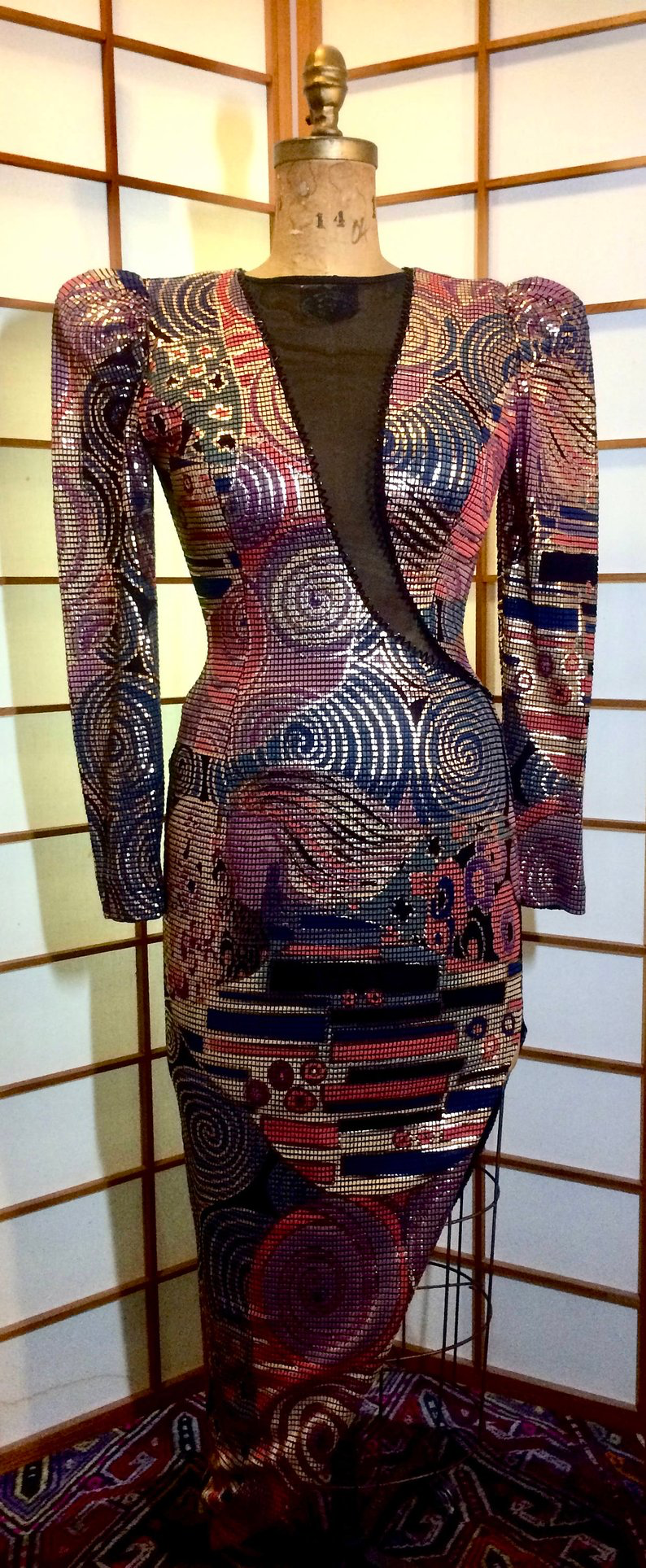 copper metallic dress 80s 90s Dress Asian Mosaic Metallic Dress Copper Metallic Italian Made High Glam Couture Shiny Dress XS