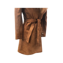 Load image into Gallery viewer, Deadstock Suede and Red Fox Fur Coat 70’s Fit Flare Wrap Style Rust Orangey Brown Color