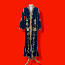 Load image into Gallery viewer, 60s 70s MUSEUM Collectible Vintage Royal Velvet Cleopatra Overcoat and Tunic Set Duster Hand Embroidered Pearls Exotic Persian Fashion History Ottoman Empire