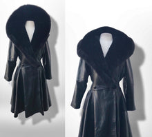 Load image into Gallery viewer, Black Lamb Leather Princess Coat Couture Made in France Massive Shearling Fox Collar