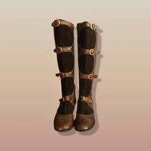 Load image into Gallery viewer, 60’s 70’s Suede and Leather Gladiator Boots with Gold Buckle Hardware Rare Size 7-8.5