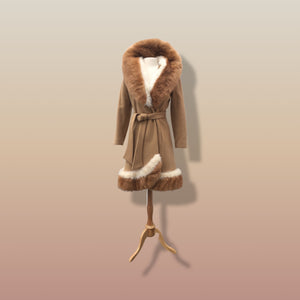 60’s Vintage Camel Coat  with Fur Trim Vicuna-Printed Fit Flare Wrap Style Wool Cashmere Blend