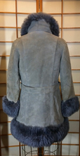 Load image into Gallery viewer, Suede Shearling Lamb Coat Grey-- Leather Tuxedo Lamb Fur Trim S/M Russian Princess Hippy Boho Princess Afghan