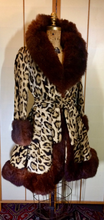 Load image into Gallery viewer, 50s Pin-up Faux Leopard Coat--Real Luscious Fur Trimmed Fit and Full Flare 1960s Winter Coat Small/Medium Russian Princess