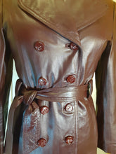 Load image into Gallery viewer, 70s Leather Trench Burgundy Brown Spy Double Breasted Zip In Warmth Liner Fit and Flare