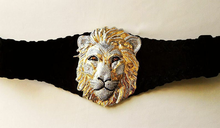 Load image into Gallery viewer, Vintage 80s Lion Belt with Real Swarovski Crystals Made in Austria Henry Bijoux Paris Hand Made Suede Black Small Jeweled Thick Cinch Glam