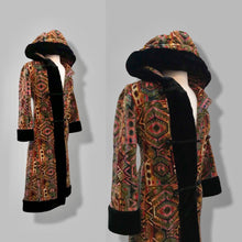 Load image into Gallery viewer, 60’s 70’s Vintage Carpet Coat Needlepoint Hooded Sherpa Trim Fit and Flare