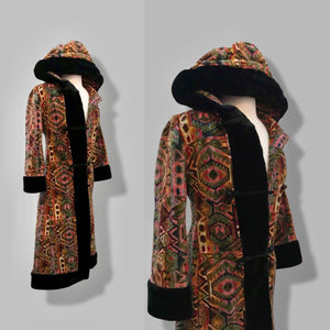 60’s 70’s Vintage Carpet Coat Needlepoint Hooded Sherpa Trim Fit and Flare