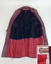 Load image into Gallery viewer, 70s Leather Trench Spy Coat Burgundy Maroon Oxblood Detailed Insulated S/M Sears