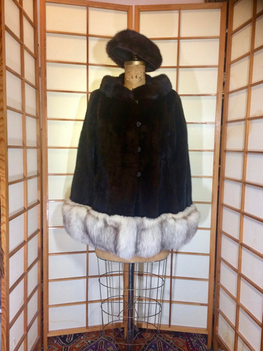 60s Vintage Fur Mink and Fox Poncho/Cape and Matching Mink Hat Free Size