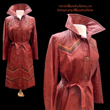 Load image into Gallery viewer, 70’s Leather Coat Chevron Trench Orange Warm Colors Fall Winter