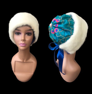 Himalayan Hat with Blonde Mink and Raw Silk Embroidered Peacock Crystal